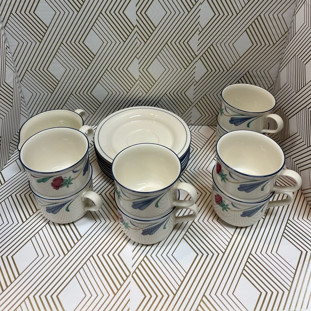 Lenox Poppies on Blue Teacup Set for 7 plus a Teacup & Creamer China Set